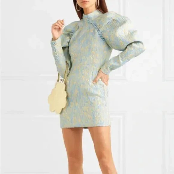 💕ROTATE💕 Button-Detailed Ruched Crinkled-Jacquard Mini Dress Angel Fall 8 NWOT - Picture 4 of 16